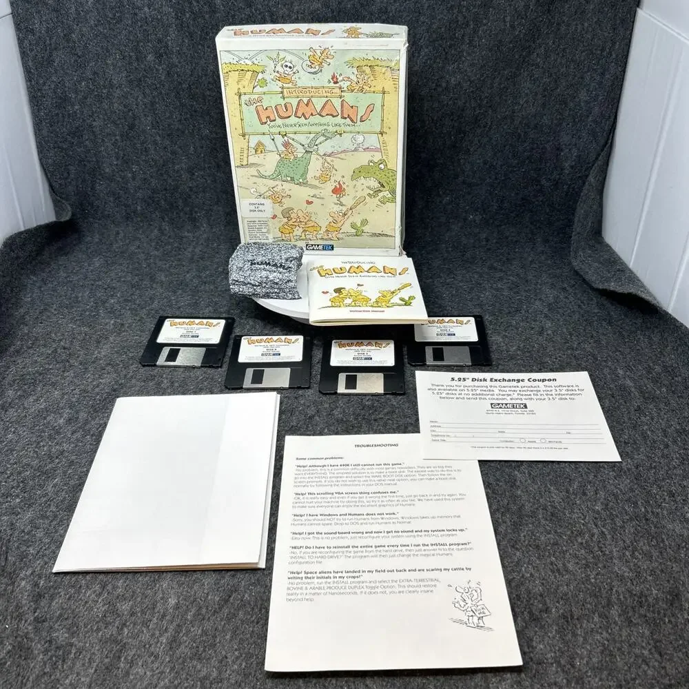 Vtg 1992 The Humans PC Big Box Game Atari Gametek 3.5 Floppy IBM Tandy Complete